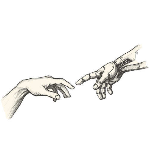 AI and human hands reaching, Michelangelo reference